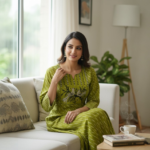 OLIVE GREEN PRINTED ETHNIC KURTI SET FOR WOMEN