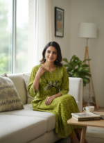 OLIVE GREEN PRINTED ETHNIC KURTI SET FOR WOMEN