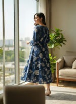 Elegant Indigo Floral Printed Kurta Dress - Image 3