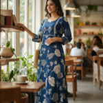 Elegant Indigo Floral Printed Kurta Dress