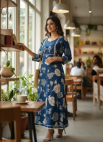 Elegant Indigo Floral Printed Kurta Dress