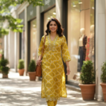 MUSTARD YELLOW PRINTED ETHNIC KURTI SET FOR WOMEN